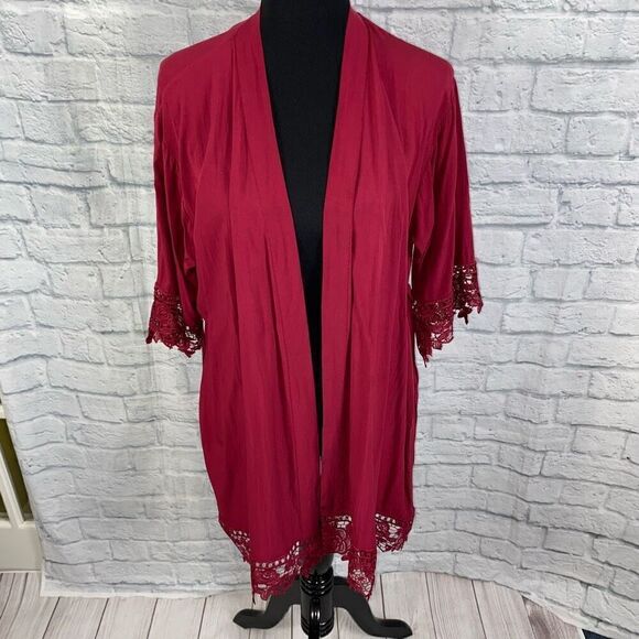 Women’s tie front robe with lace trim burgundy color sz small - Picture 10 of 10